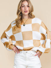 Chic Plaid Exposed Seam Bishop Sleeve Knit Sweater