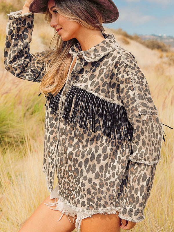 Women's Western Off Duty Leopard Fringe Denim Jacket