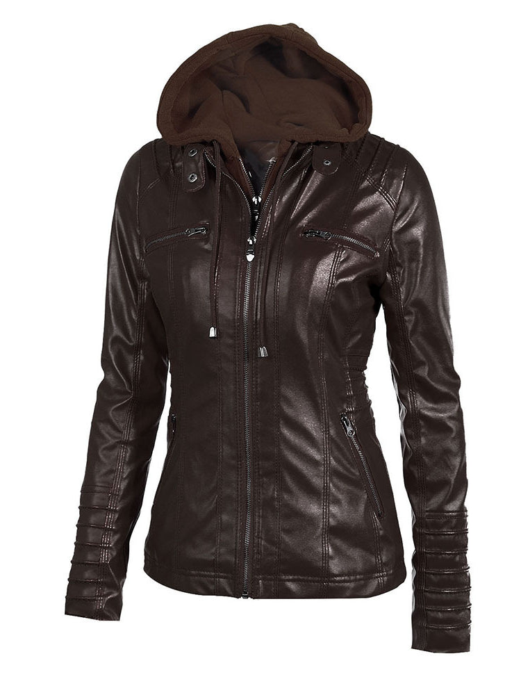 Women's Detachable Hooded Slim Fit Leather Bomber Jacket