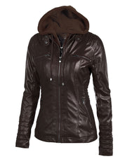 Women's Detachable Hooded Slim Fit Leather Bomber Jacket