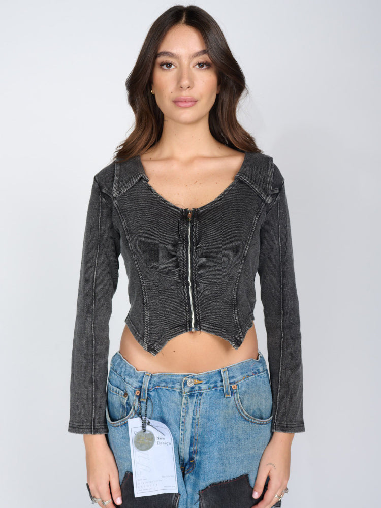 Women's Vintage Zip-Up Cropped Denim Shirt