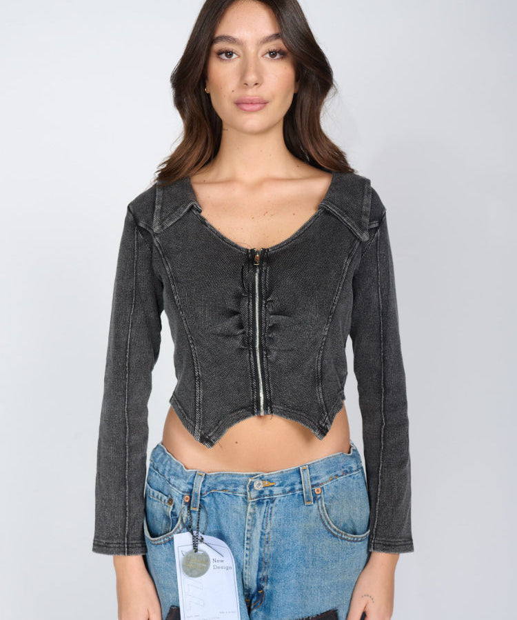 Women's Vintage Zip-Up Cropped Denim Shirt