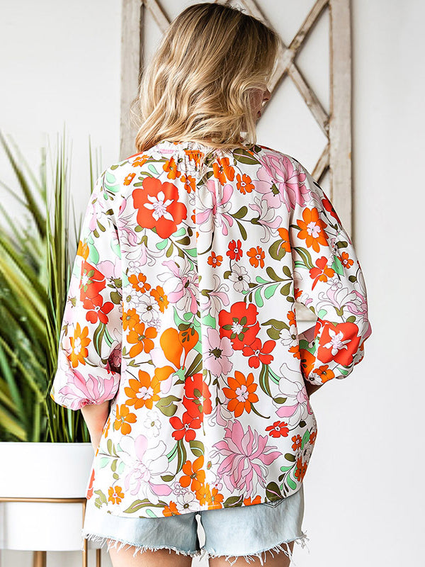 Floral Notched Neck Balloon Sleeve Blouse