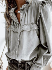 Distressed Ruffle Button Closure Denim Shirt