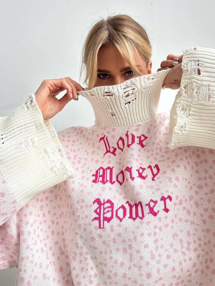 Women's Letter Jacquard Tattered Design Baggy Sweater