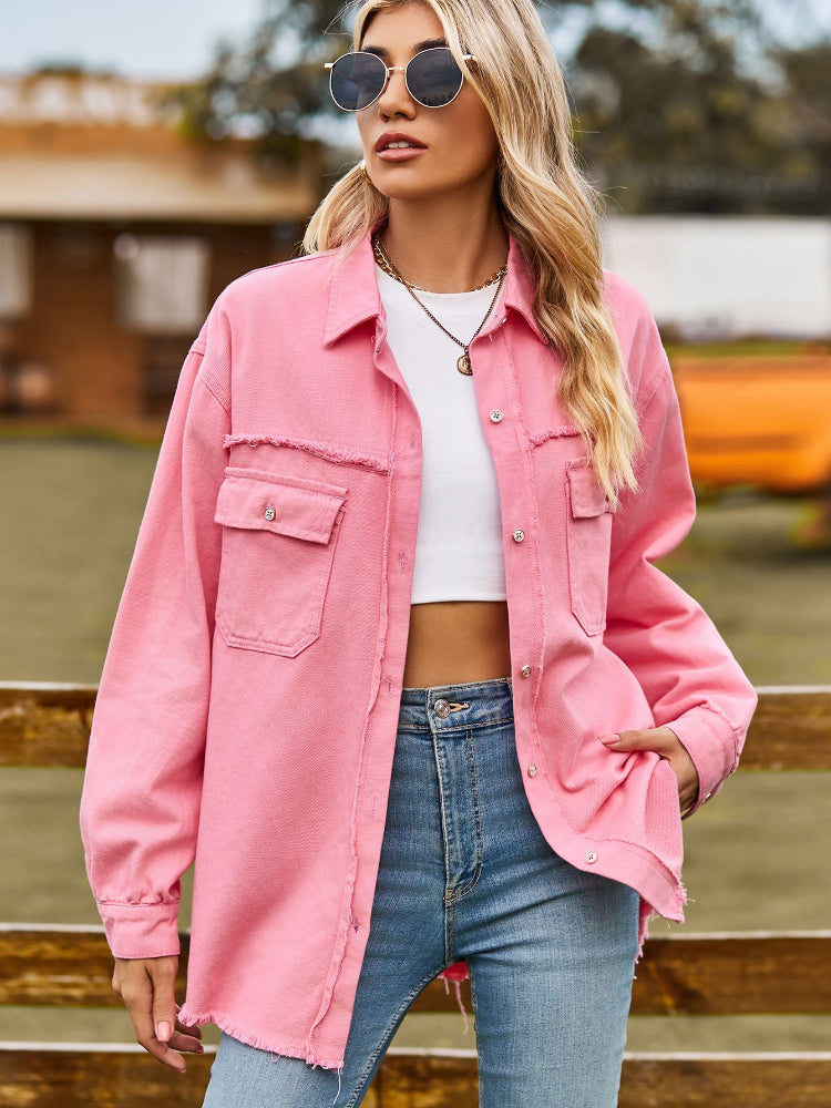 Women's Vintage Raw Hem Button-Up Denim Shacket