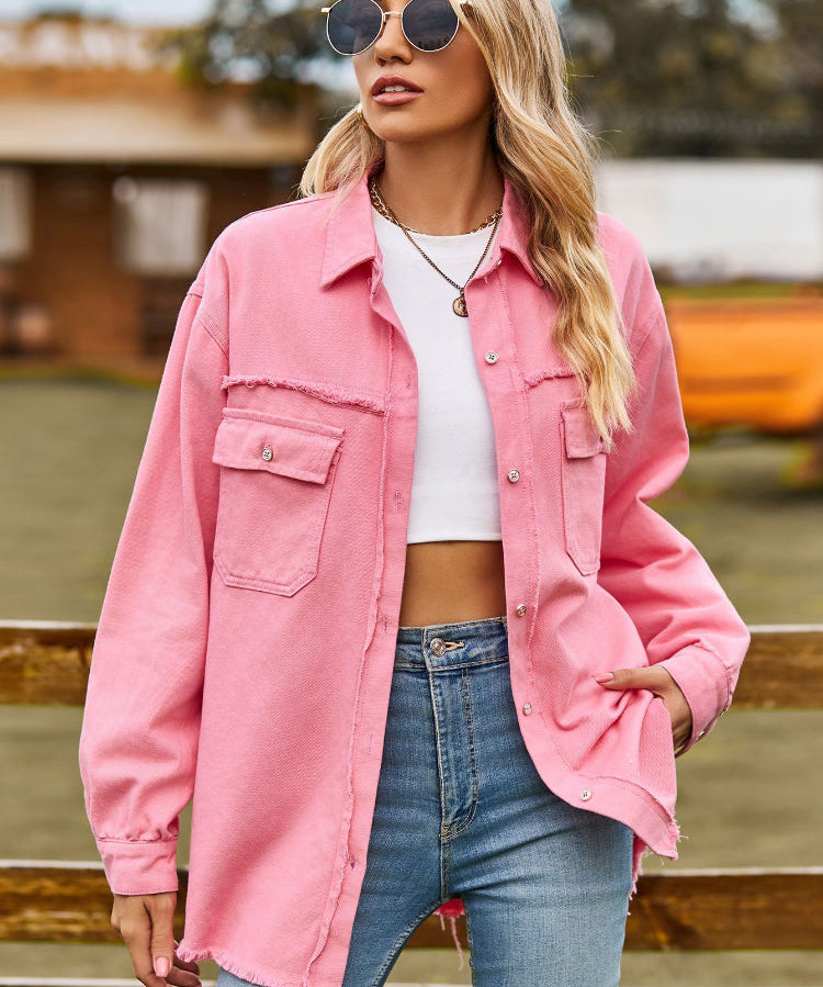 Women's Vintage Raw Hem Button-Up Denim Shacket