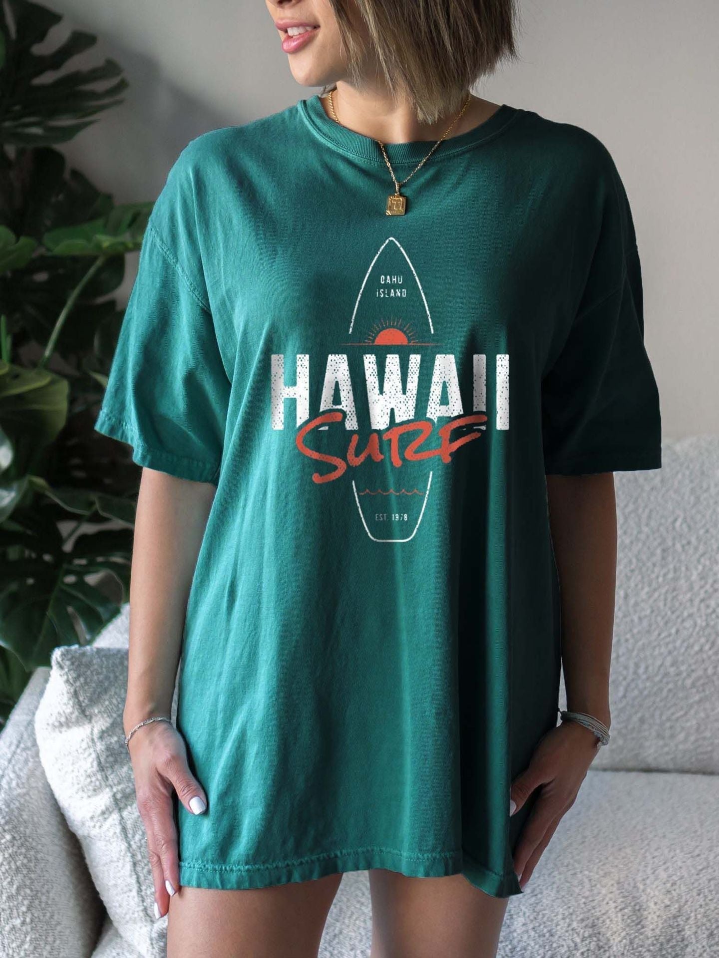 Ladies Hawii Surf Printed Oversized Short Sleeve Tee