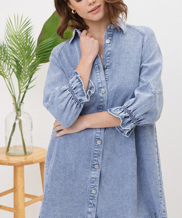 Women's Western Distressed Washed Denim Shirt Dress