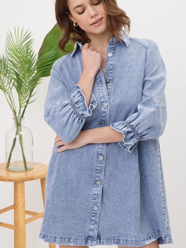 Women's Western Distressed Washed Denim Shirt Dress
