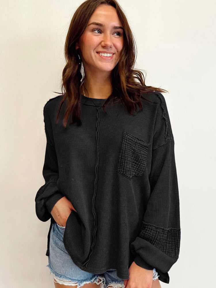 Women's Casual Waffle Patchwork Crewneck Sweatshirt