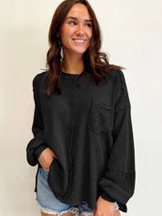 Women's Casual Waffle Patchwork Crewneck Sweatshirt