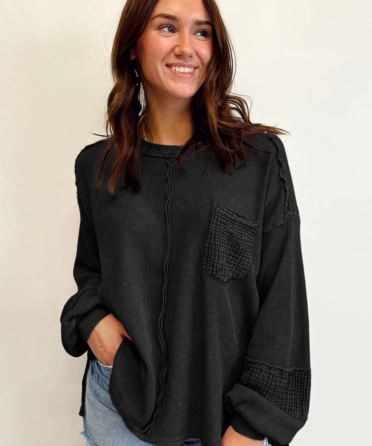 Women's Casual Waffle Patchwork Crewneck Sweatshirt