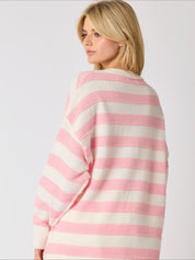 Women's Retro Half-Button Up Striped Knit Baggy Sweater
