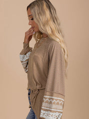 Light French Beige Floral Striped Patchwork Sweatshirt