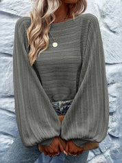 Openwork Boat Neck Puff Sleeve Sweater