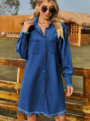 Women's Classic Button Up Raw Hem Denim Shirt Dress