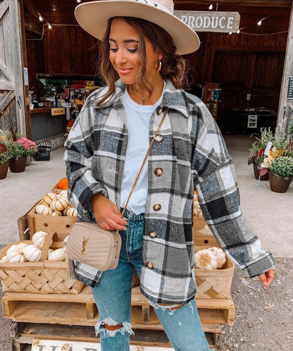 Women's Retro Plaid Wool Blend Overshirt Shacket