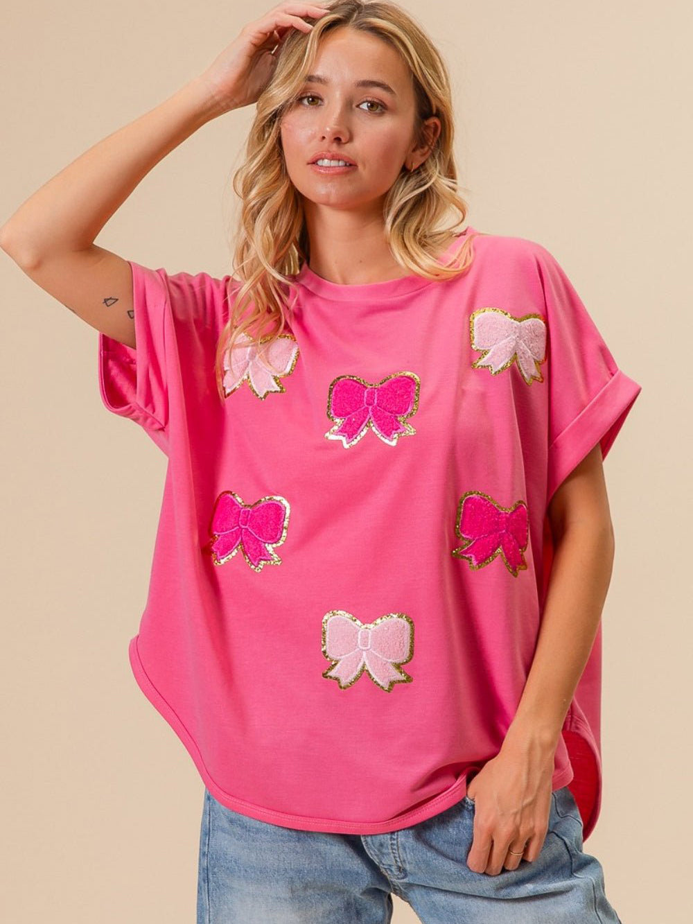 Women's Pinky Bow Mania French Terry Patched Short Sleeve Top