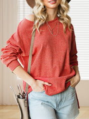 Distressed Solid Waffle Round Neck Side Split Sweatshirt