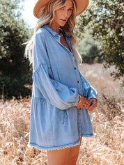 Distressed Button-Up Raw Hem Denim Shirt Dress