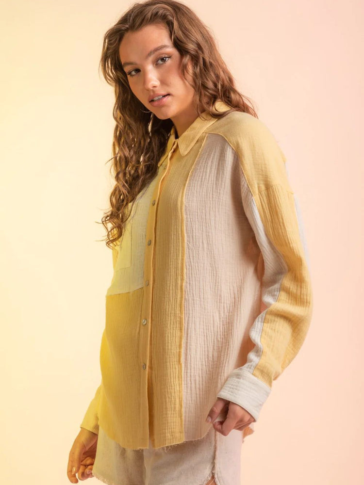 Chic Long Sleeve Color Blocked Button Down Shirt