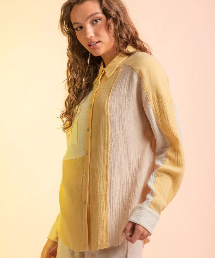 Chic Long Sleeve Color Blocked Button Down Shirt