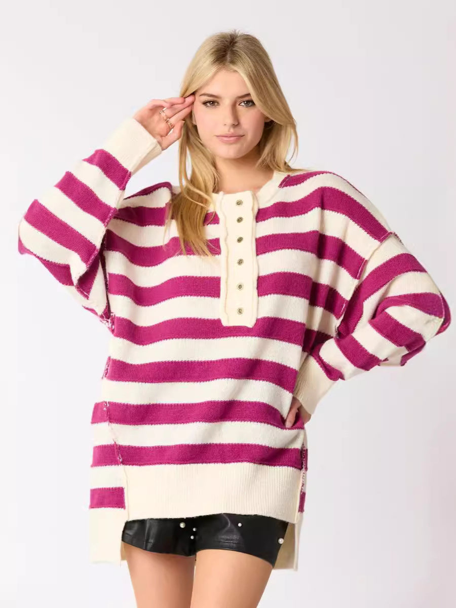 Women's Retro Half-Button Up Striped Knit Baggy Sweater