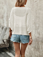 Solid Round Neck Eyelet Knit Cutout Sweater