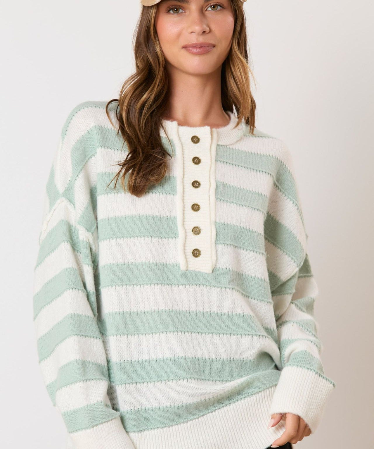 Women's Retro Half-Button Up Striped Knit Baggy Sweater