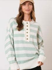Women's Retro Half-Button Up Striped Knit Baggy Sweater