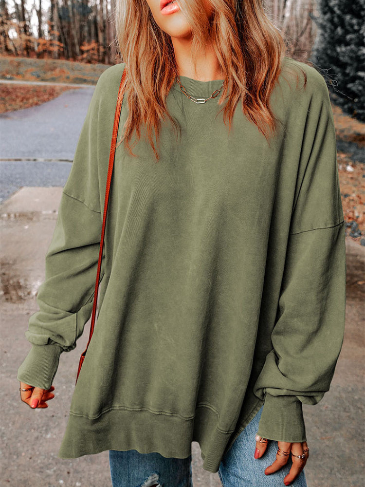 Women's Classic Solid Side Slit Crewneck Sweatshirt