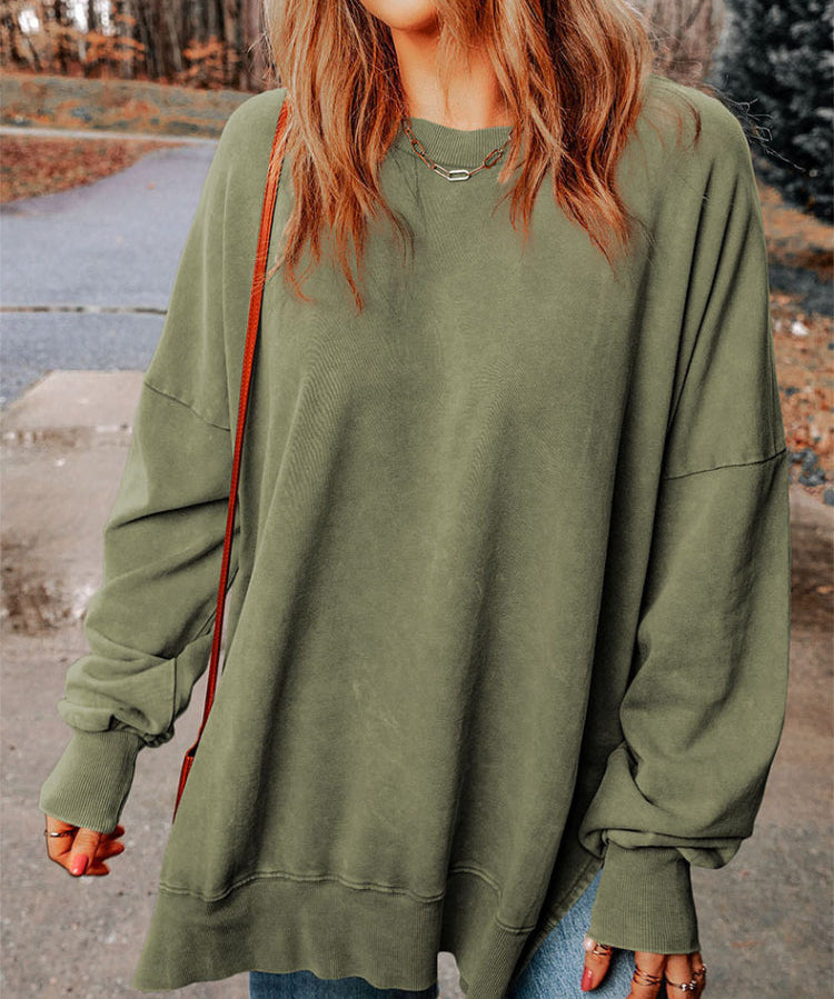 Women's Classic Solid Side Slit Crewneck Sweatshirt