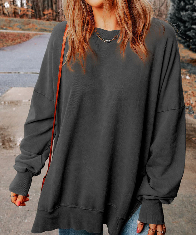 Women's Classic Solid Side Slit Crewneck Sweatshirt