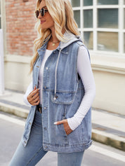 Women's Drawstring Sleeveless Hooded Denim Vest