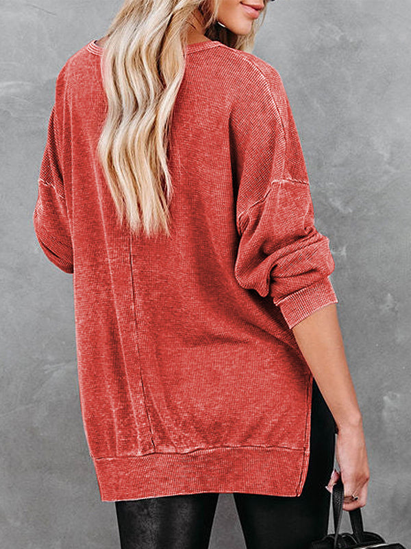 Distressed Solid Waffle Round Neck Side Split Sweatshirt