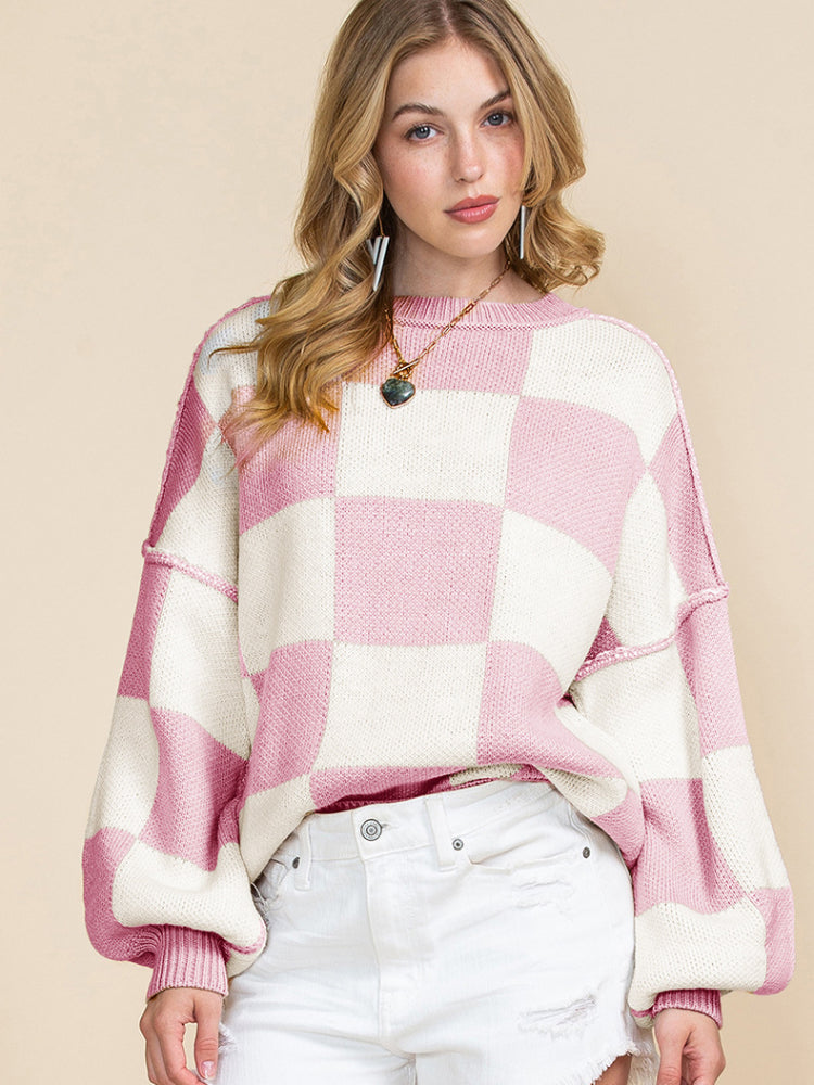 Chic Plaid Exposed Seam Bishop Sleeve Knit Sweater