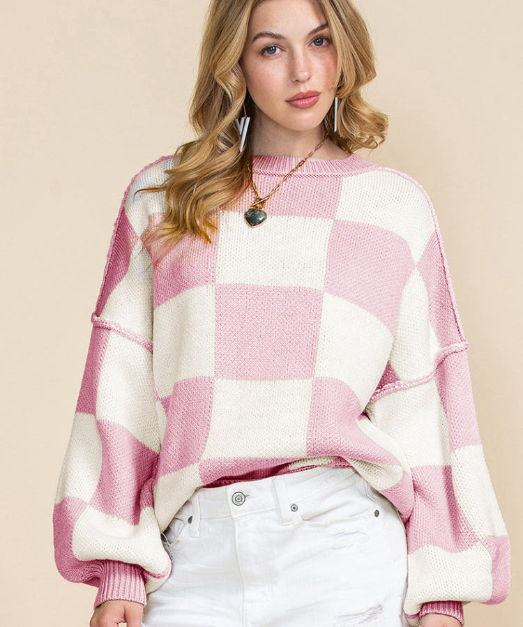 Chic Plaid Exposed Seam Bishop Sleeve Knit Sweater