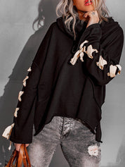 Exposed Seam Loose Neck Hooded Lace Up Bell Sleeve Pullover