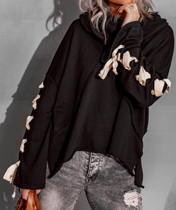 Exposed Seam Loose Neck Hooded Lace Up Bell Sleeve Pullover