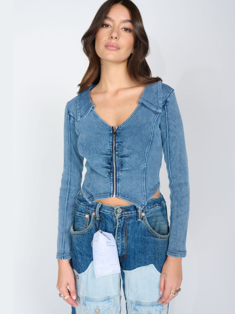 Women's Vintage Zip-Up Cropped Denim Shirt