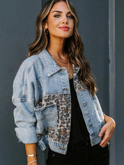 Women's Distressed Cowgirl Leopard Patchwork Denim Jacket