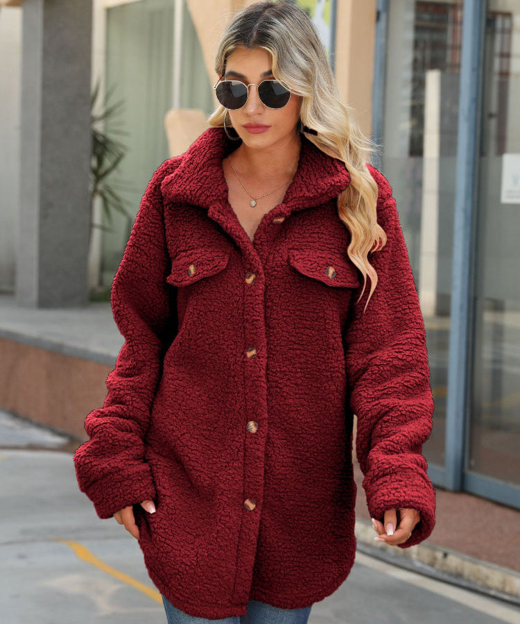 Women's Solid Color Lapel Button Up Thicken Jacket