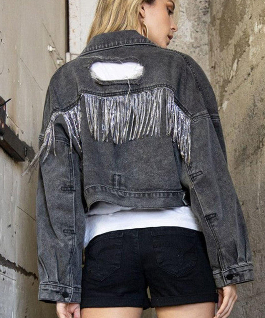 Women's Shiny Rhinestone Fringe Denim Cropped Jacket