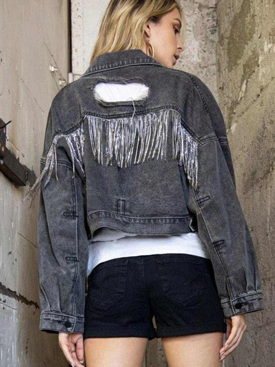 Women's Shiny Rhinestone Fringe Denim Cropped Jacket