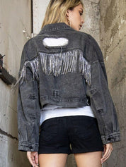 Women's Shiny Rhinestone Fringe Denim Cropped Jacket