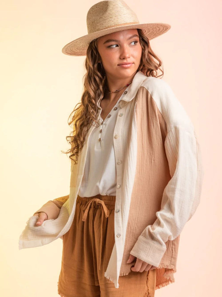 Chic Long Sleeve Color Blocked Button Down Shirt