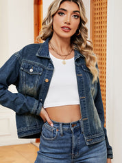 Women's Distressed Button-Up Lapel Denim Bike Jacket