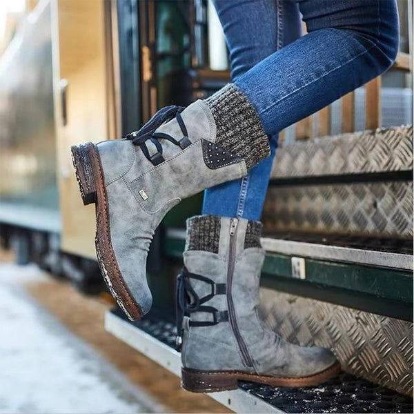 Studded Lace-Back Mid-Calf Boots