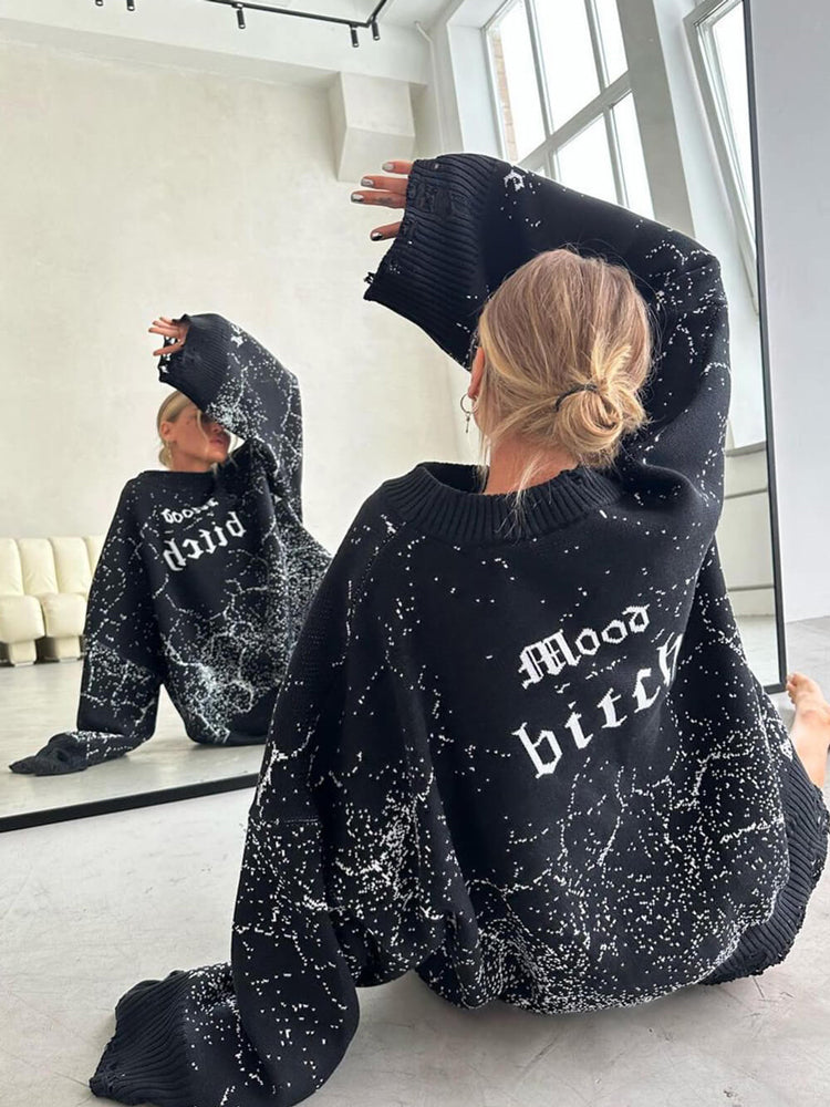 Women's Distressed Abstract  Mood Letter Printed Pullover Sweater